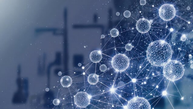 Stunning abstract network of glowing digital spheres and lines representing global connectivity and advanced technology in a futuristic blue background