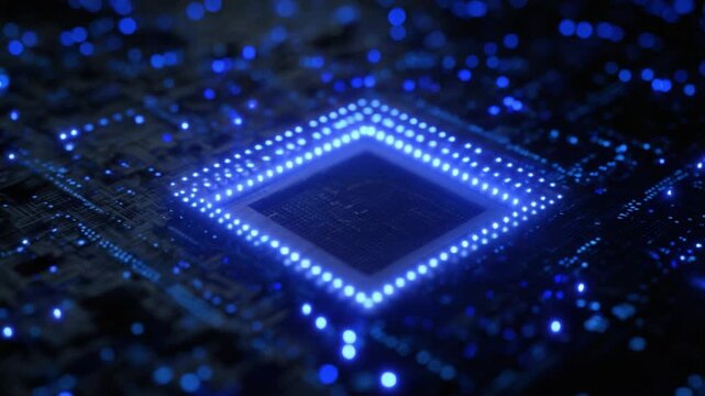 Digital motherboard with a glowing blue microchip at its center, processing data and sending signals through the complex circuitry, symbolizing advanced technology and artificial intelligence
