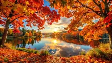 Beautiful autumn landscape with colorful trees reflecting in the tranquil lake