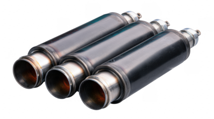 Three metal cylinders aligned closely on transparent png background