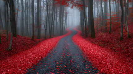 Red-orange maple tree leaves in an autumn forest,Sunlit Forest Path with Red Leaves in Autumn