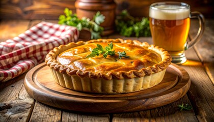 Hearty golden pie and cold craft beer on rustic wood. Ideal for comfort food themes, pubs.