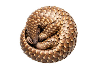 A close-up view of a pangolin curled in a tight ball, showcasing its intricate and unique scales.
