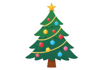 Naklejka premium Christmas tree decorating with colorful baubles and golden star on top, celebrating winter holidays concept