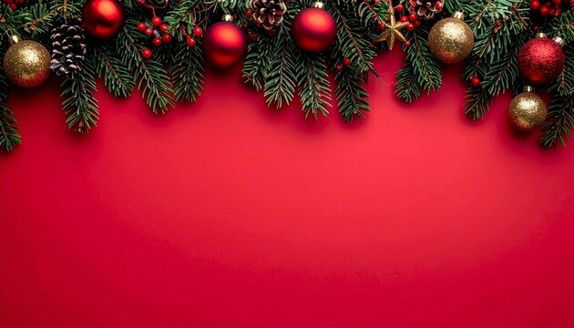 Festive Christmas garland with fir branches, red and gold ornaments, and pinecones on red background