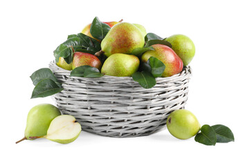 Fresh ripe pears with green leaves in wicker basket isolated on white
