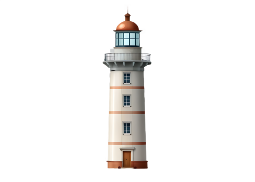 Tall White Lighthouse with Copper Roof on Transparent Background tower beacon isolated on a transparent background