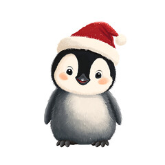 Fototapeta premium Adorable fluffy penguin with Santa hat on white background