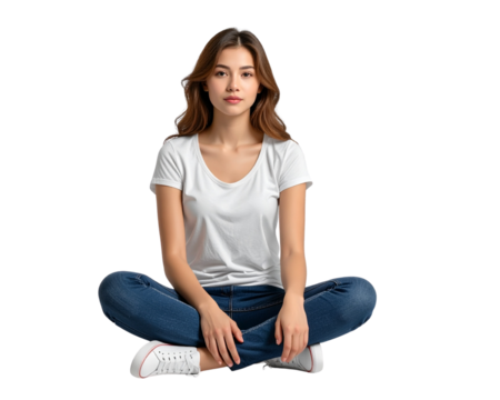 A casual young woman sitting cross-legged on the floor, wearing comfortable clothes, 
