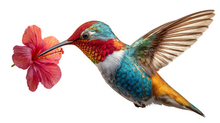 Hummingbird with vibrant plumage feeding on a pink hibiscus flower isolated on transparent background