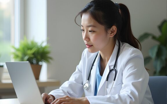 Young Asian female doctor looking at laptop screen holding online consultation. High quality