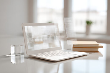 modern workspace featuring sleek laptop with hightech ar interface surrounded by virtual blurred white text bars