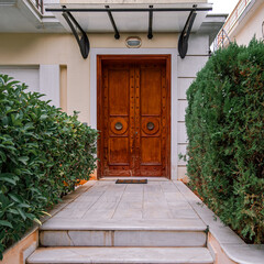 An elegant family house brown wooden entrance shed protected door, decorated with vivid green plants.