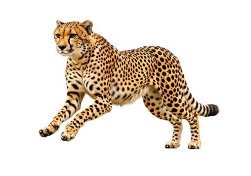 A full-bodied cheetah, in a dynamic running pose, is captured against a striking black background. The animal's intricate spotted pattern and strong stance create a sense of motion and power.