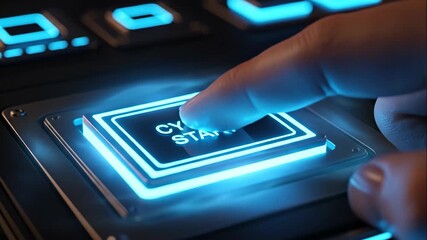 Cyber Start Button Activation - Close-up shot of a finger pressing a glowing blue "Cyber Start" button on a futuristic interface. - Powered by Adobe