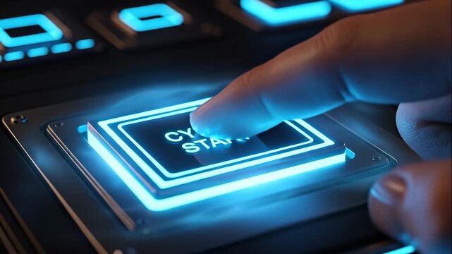 Cyber Start Button Activation - Close-up shot of a finger pressing a glowing blue "Cyber Start" button on a futuristic interface. - Powered by Adobe