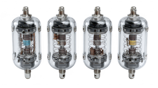 Four vacuum tubes aligned on transparent png background