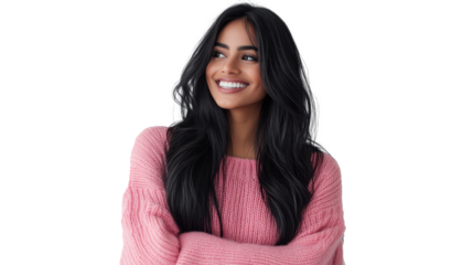 A beautiful smiling woman with long black hair, wearing pink sweater, looking to the side and standing against white background png