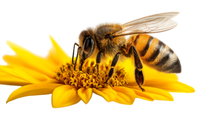 Honey bee on a yellow flower, isolated on transparent background