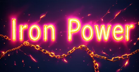 Bright pink text reads Iron Power. Chains dangle below, glowing against purple backdrop. Dramatic lighting creates intense visual impact.