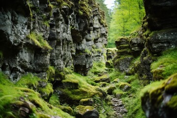 Fototapeta premium Craggy stone formations draped in vibrant green moss rock grass