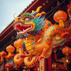 Fototapeta premium Vibrant Dragon Sculpture Adorned With Traditional Chinese Lanterns
