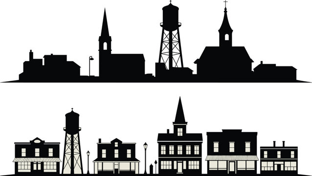 A vector set of small town USA skylines, this illustration features historic Main Street buildings, a classic church steeple, and an old water tower