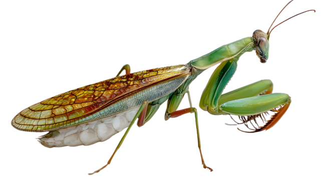 Green praying mantis with wings spread isolated on transparent background