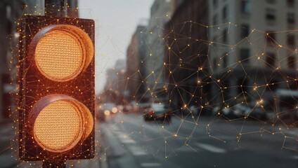 Smart city traffic light system with glowing digital network overlay symbolizing connectivity and future urban transport innovation