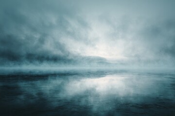 Obraz premium Ethereal Landscape: Misty Water and Sky Reflect Calm and Serenity in a breathtaking scene where the delicate mist hovers over tranquil waters, mirroring the serene sky above, inviting viewers to