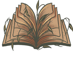 Open Book with Vines, Brown Pages, and Dark Green Accents Illustration