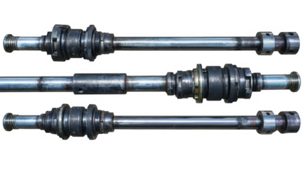 Three metal shafts and gears assembly on transparent png background