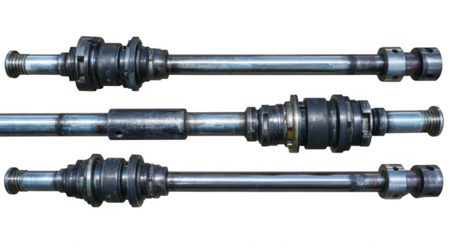 Three metal shafts and gears assembly on transparent png background