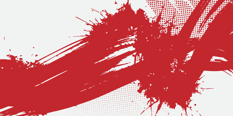 Red abstract brush strokes and paint splatters on a white background with subtle halftone texture, creating an energetic and artistic design.