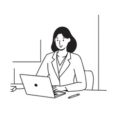 Black and white line art of a beautiful successful career woman working at desk with laptop illustration