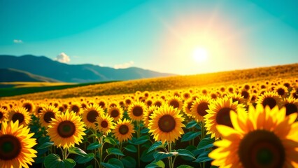Obraz premium Sunflower field on sunny day with blue sky