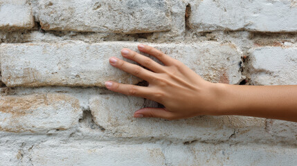 woman gently caresses rough texture of old brick wall deeply lost in her childhood memories
