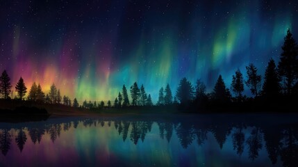 Northern lights above the arctic coniferous forest. Beautiful polar Aurora Borealis colourful lights in the night sky