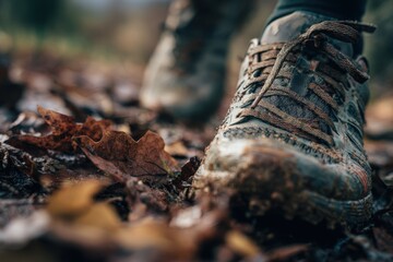 Close-up of Trail Running Shoes on Leaf-Covered Path in Autumn