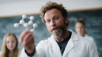 Chemistry teacher demonstrating a molecular model in a bright classroom with attentive students in the background