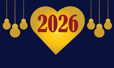 Golden heart with 2026 year and festive lights on dark blue background