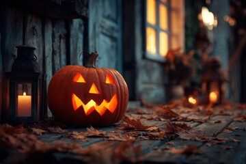 Fototapeta premium Glowing Jack-o'-Lantern with Candlelight on Rustic Autumn Porch