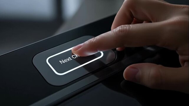 Hand Pressing Next Chapter Button - Close-up shot of a hand pressing a glowing "Next Chapter" button on a sleek, dark surface. The button illuminates brightly, suggesting progress or a transition.