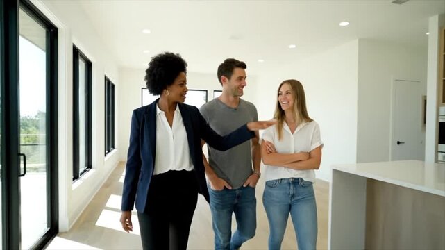 Real Estate Agent Showing a Modern House to a Potential Buyer Couple. 