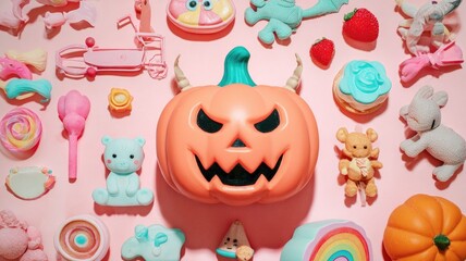 Obraz premium Flat lay painting of angry pumpkin among children's toys on pastel background.