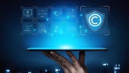 Digital copyright protection system showing secure ownership, intellectual property rights, content...