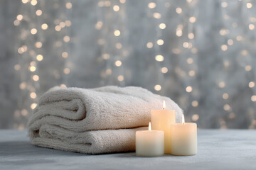 minimalist evening setup featuring cozy blanket and flickering candles set against backdrop of twinkling garlands