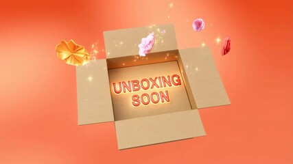 Cardboard box with "Unboxing Soon" illuminated inside, surrounded by floating flowers and sparkles.