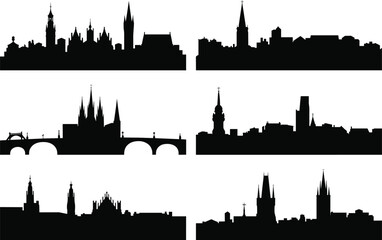 This vector silhouette set of historic European cities features famous landmarks from Prague, Czech Republic, and the gothic old town of Bruges
