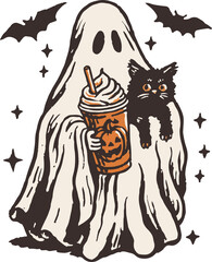 Adorable ghost holding pumpkin spice drink and black cat with bats and stars, cute Halloween illustration
